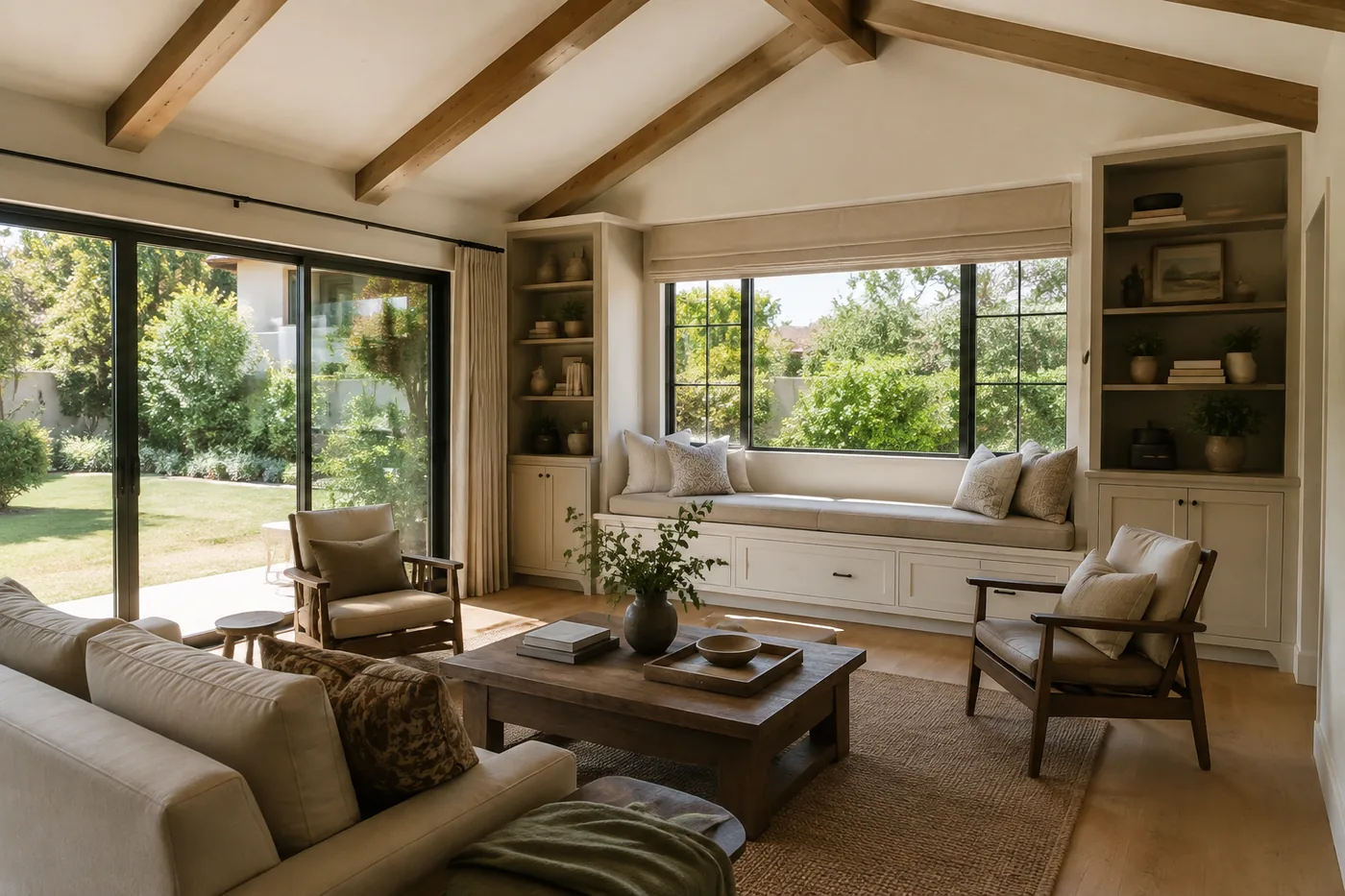 Family room addition with oak ceiling beams