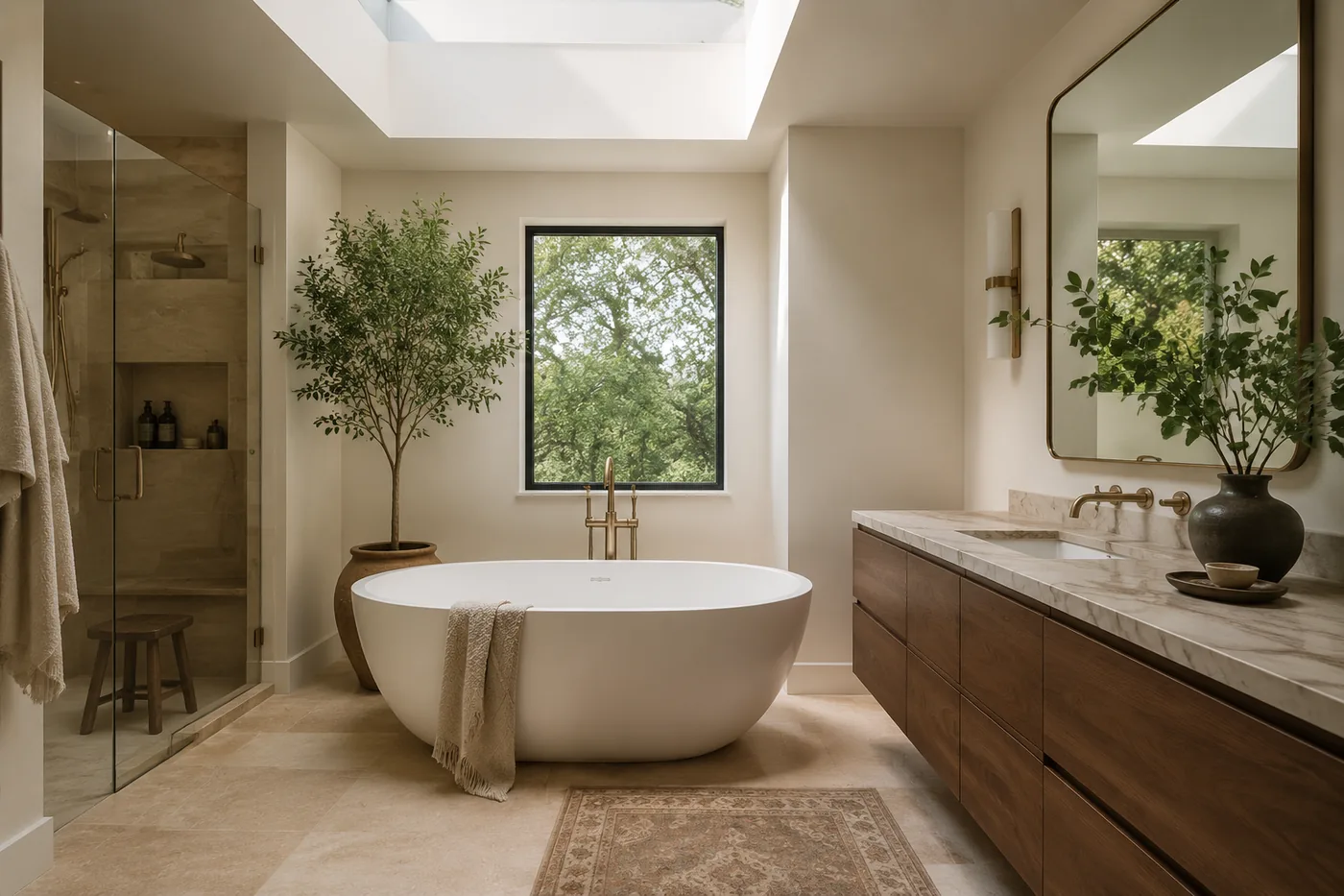 Primary bathroom with freestanding tub under skylight
