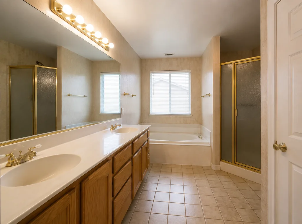 Bathroom before renovation, dated vanity and tile