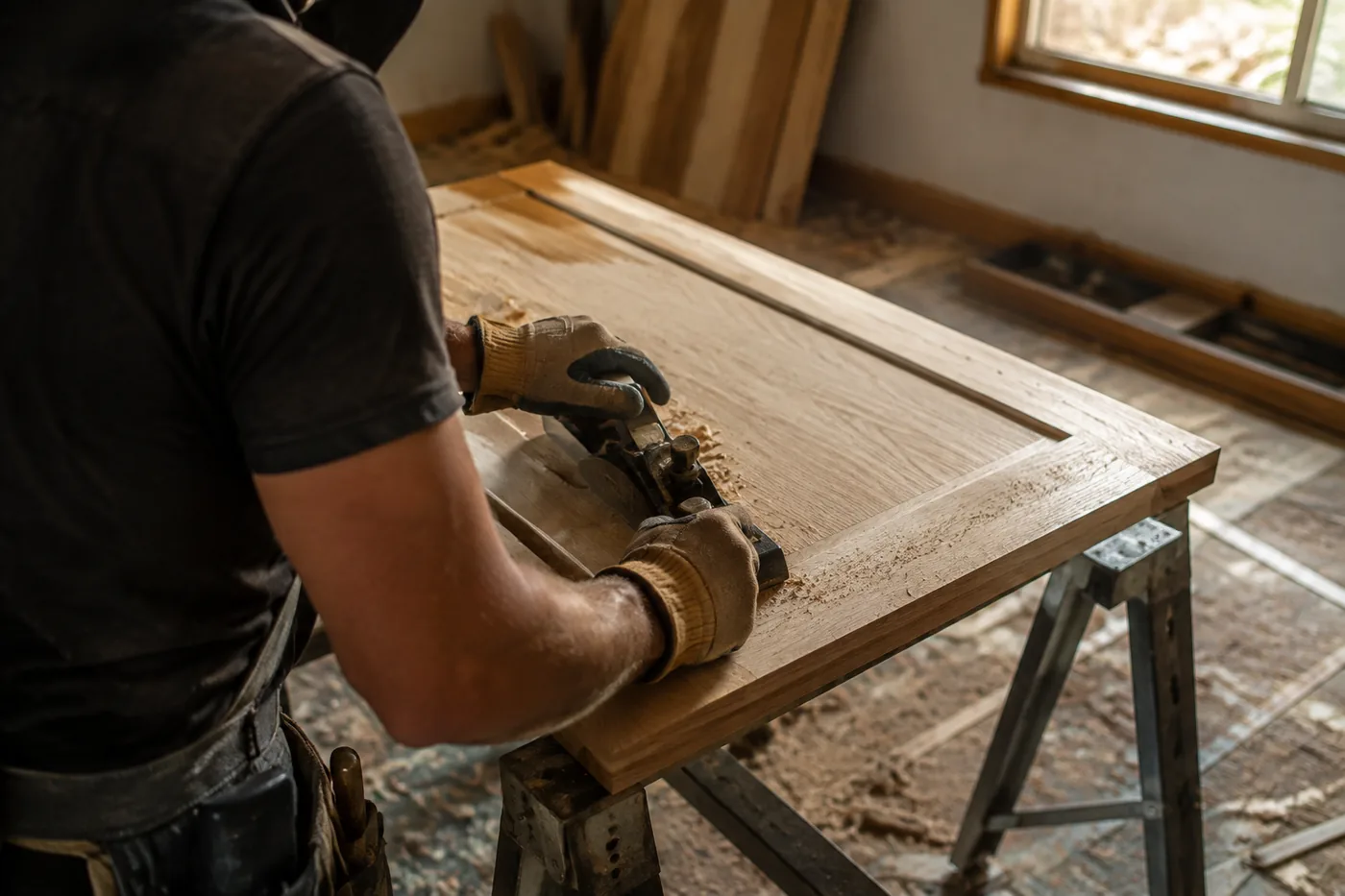 Carpenter planing a white oak cabinet door on site