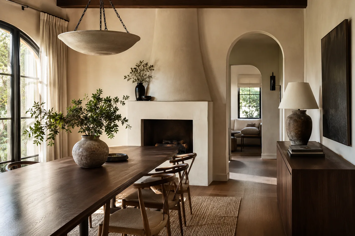Remodeled dining room with plaster fireplace