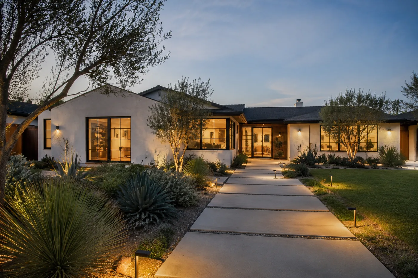 Remodeled single-story ranch house at dusk