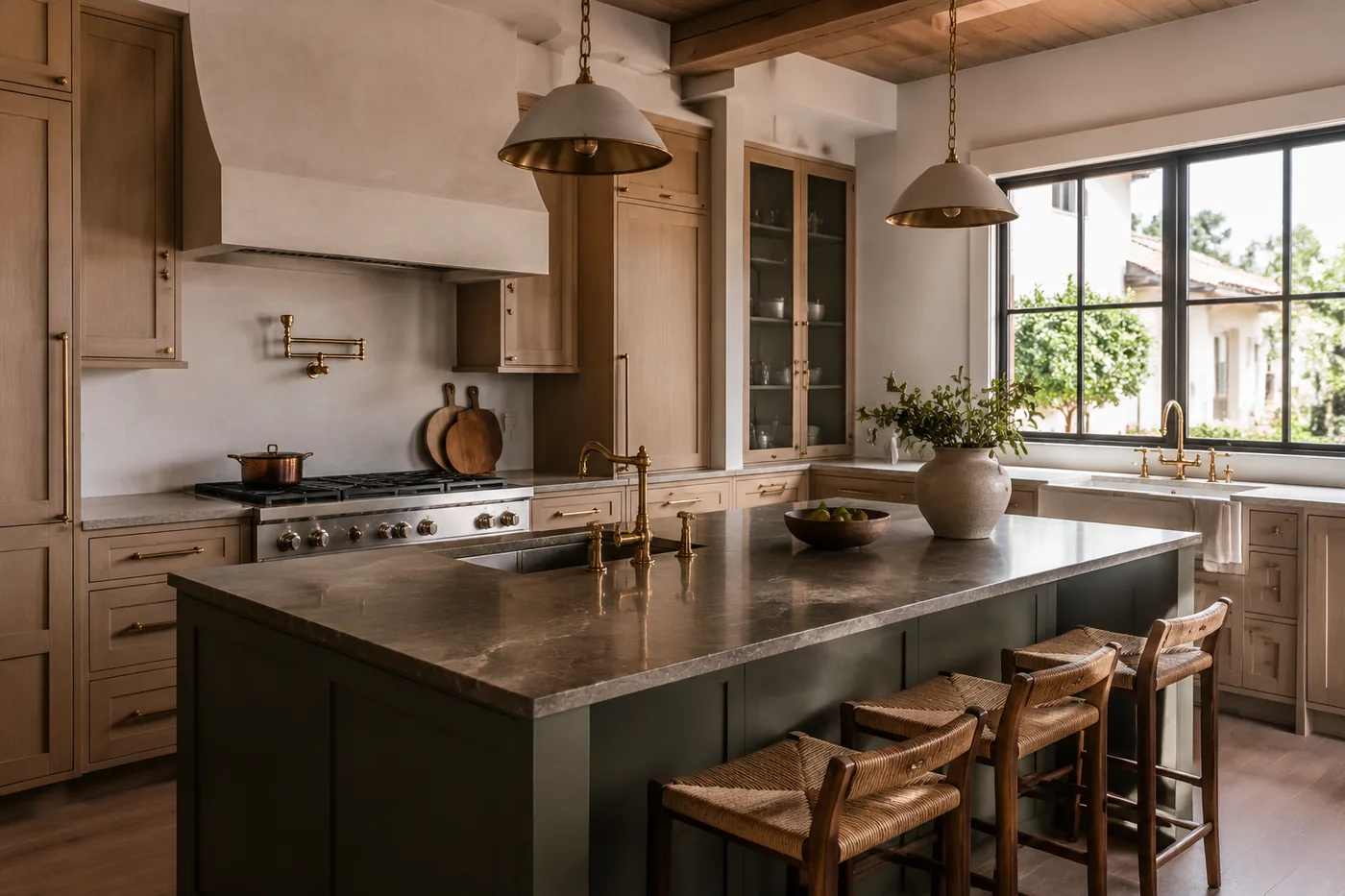 Kitchen with olive green island and quartzite counter