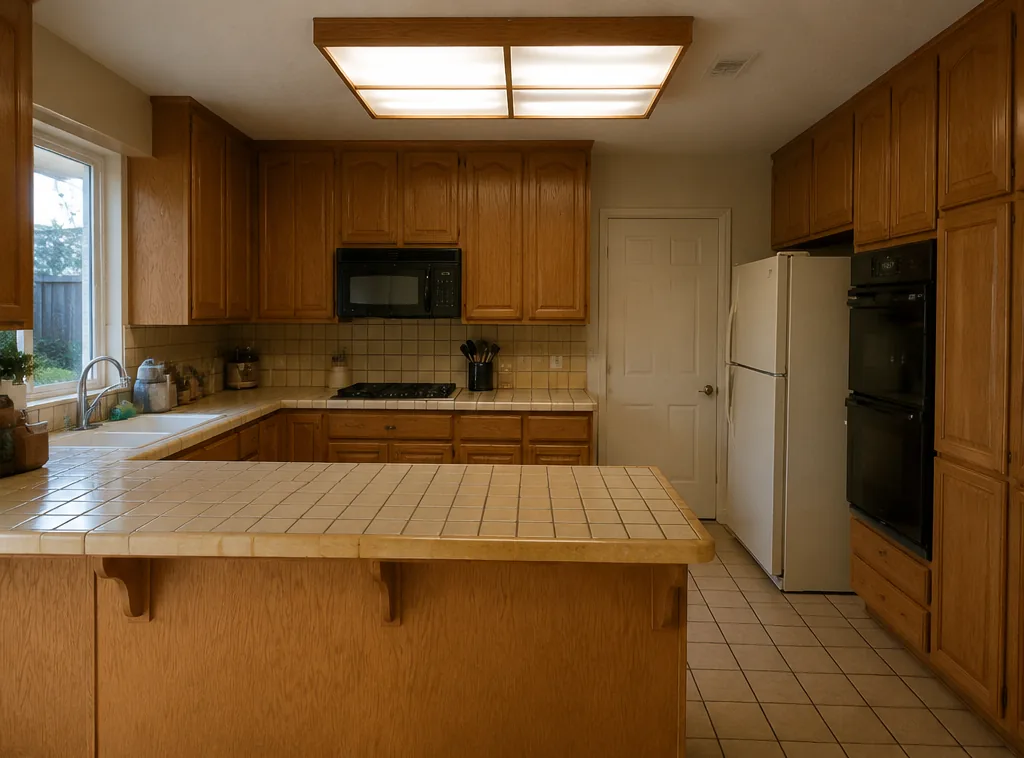 Kitchen before renovation, 1994 oak cabinets